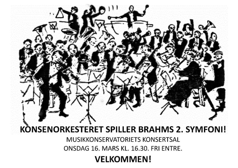 Plakat for konsert med Konsenorkesteret som spiller Brahms 2. symfoni